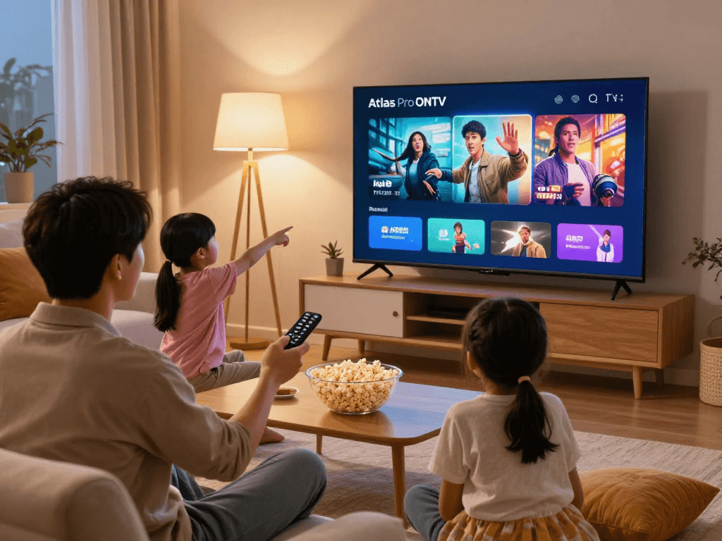 Expérience de divertissement familiale avec Atlas Pro ONTV sur un téléviseur intelligent, ambiance chaleureuse et moderne.