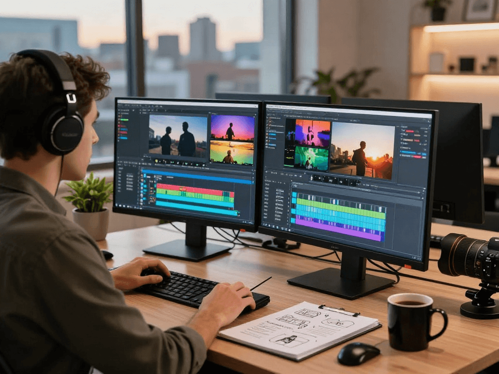 Scène de production vidéo professionnelle avec Atlas pro, éditeur concentré dans son studio de montage moderne