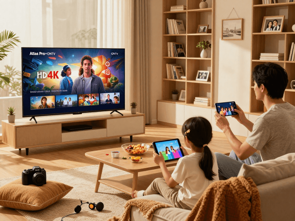 Expérience de visionnage familial avec Atlas Pro ONTV en haute définition sur Smart TV dans un salon accueillant.