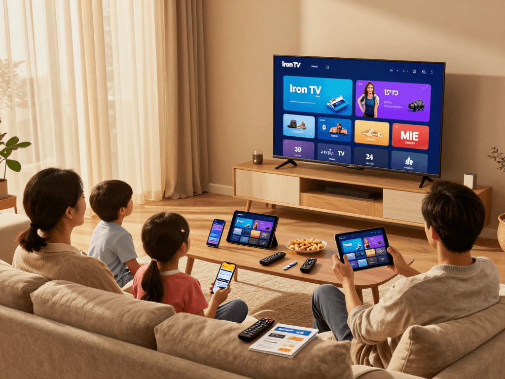 Famille profitant d'Iron TV Pro sur Smart TV avec ambiance chaleureuse