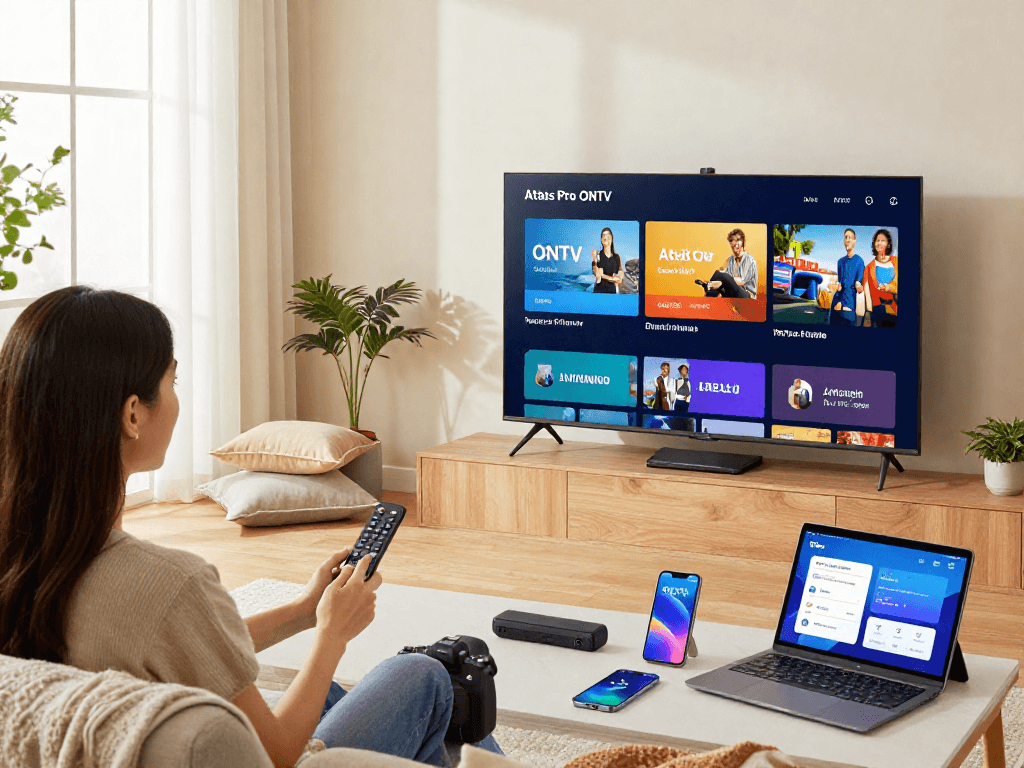 Utilisation d'Atlas Pro iOS sur une Smart TV dans un salon moderne.