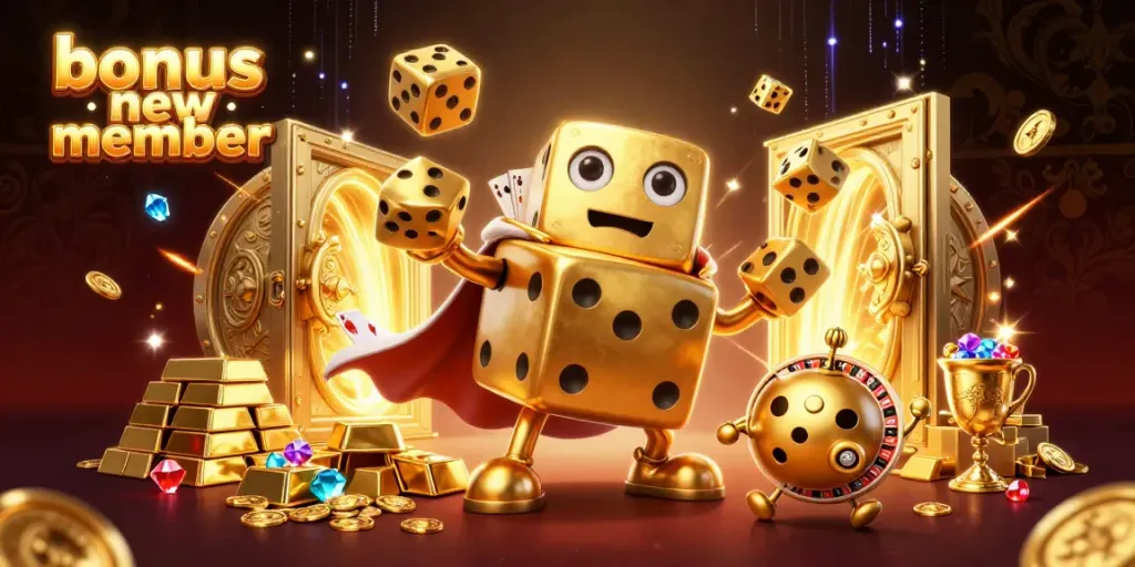 Experience the thrill of gaming with DEWAKING's bonus new member offer featuring dynamic casino elements and rich illustrations.