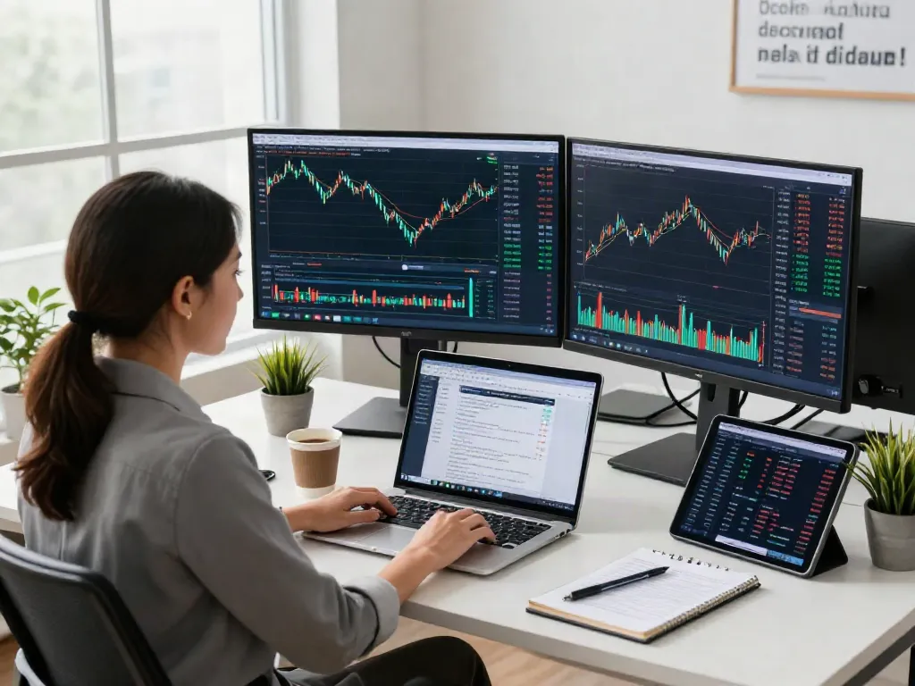Analyse de données de trading sur la plateforme la-essorinvexaro.com dans un bureau moderne éclairé naturellement.