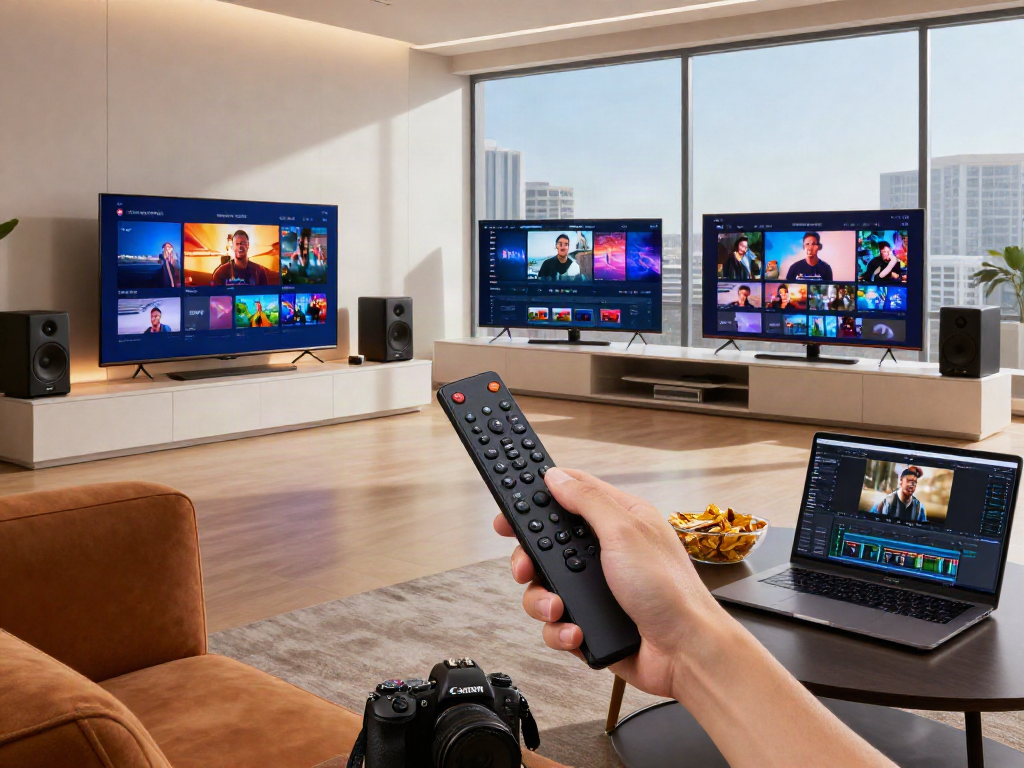 Personne utilisant un Iron TV Pro dans un environnement moderne dynamique avec de nombreux écrans.