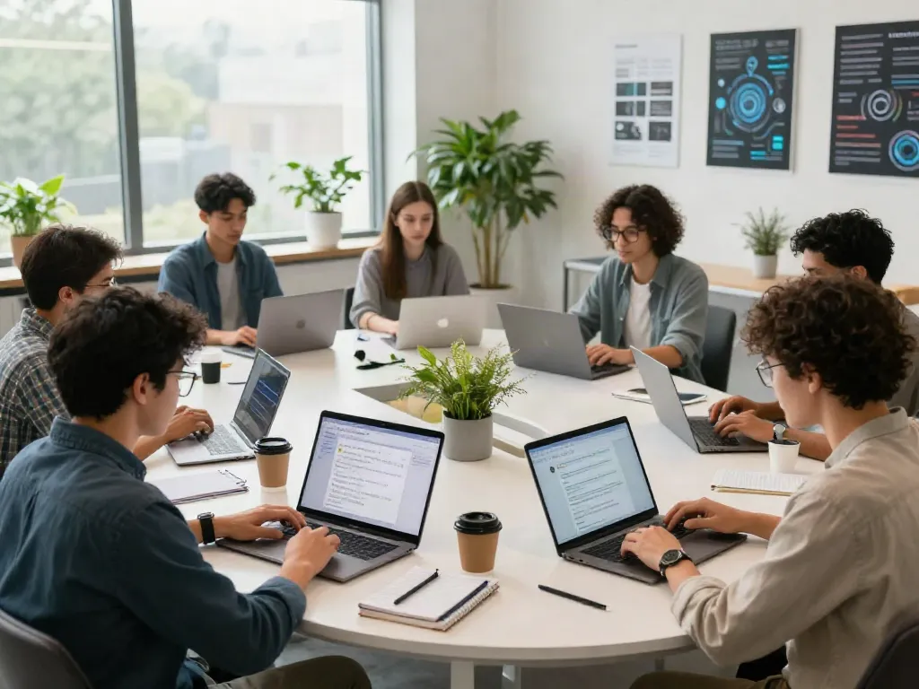 Diverse team collaborating in a tech workspace on unfiltered AI chat projects, highlighting innovation and teamwork.