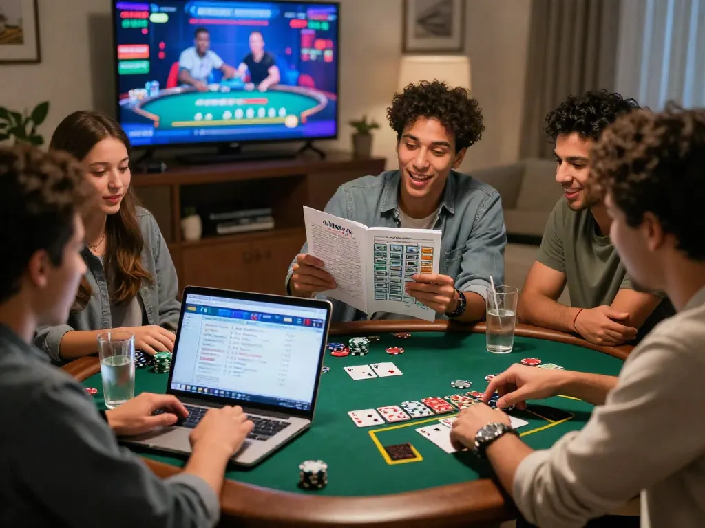 Scène de jeu de blackjack en ligne avec des amis dans un salon, ambiance conviviale et engageante.