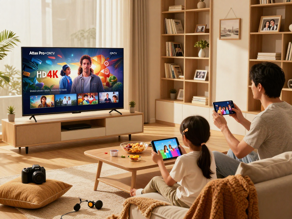 Expérience de visionnage familial avec Atlas Pro ONTV en haute définition sur Smart TV dans un salon accueillant.