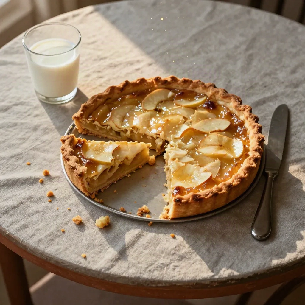 Vue plongeante d’une tarte aux pommes découpée, avec miettes, couteau et verre de lait.