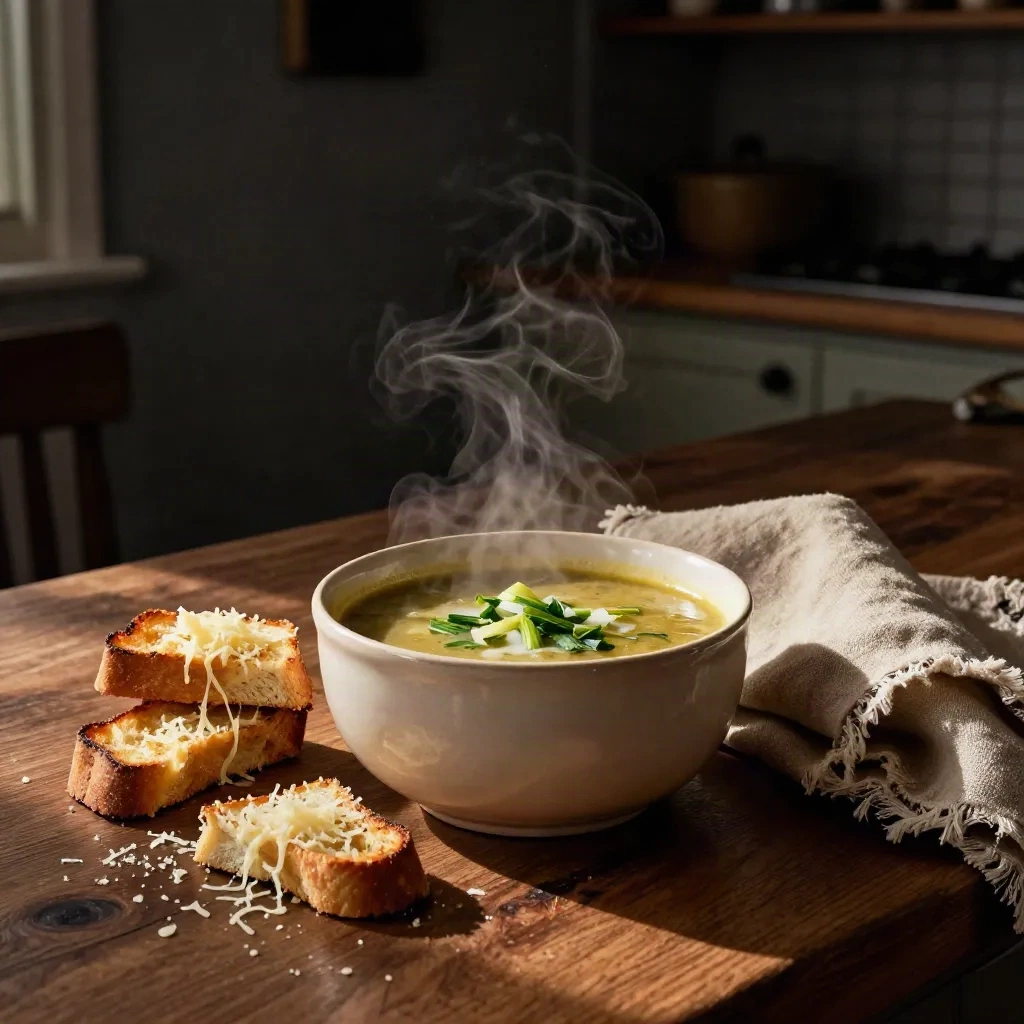 Bol de soupe aux poireaux fumante avec tartines beurrées et torchon plié sur fond sombre.