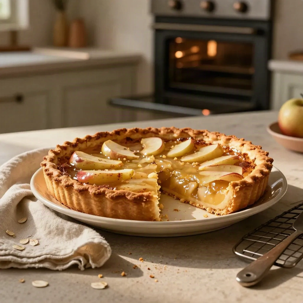 Tarte aux pommes entière sur plat crème, une part manquante, dans une cuisine chaleureuse.