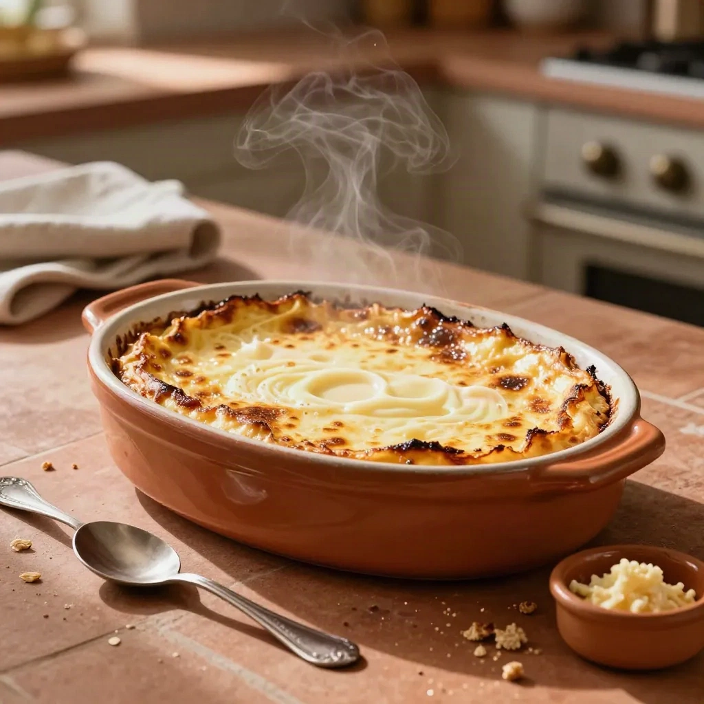 Gratin de courge doré dans un plat ovale, vapeur et cuillère, sur une cuisine chaleureuse.