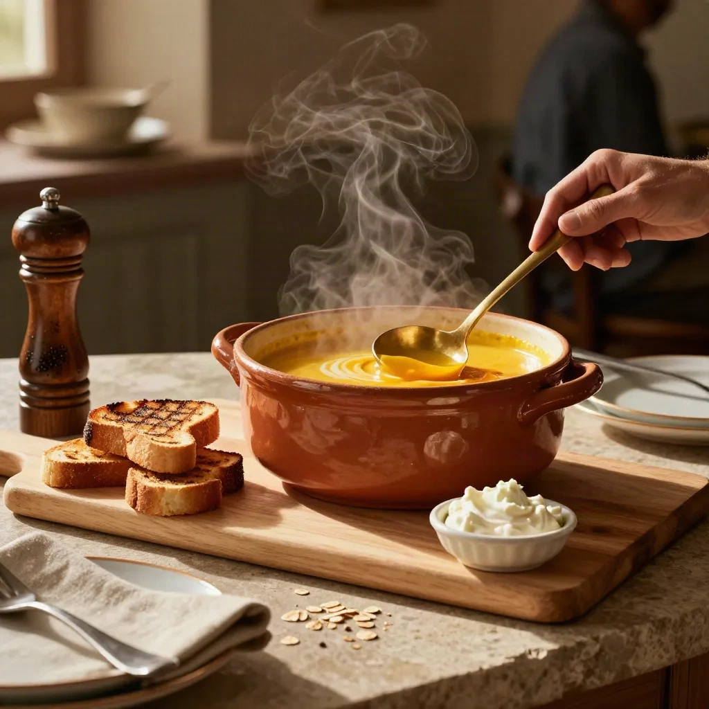 Soupière de velouté de potimarron, toasts, crème fraîche et poivre sur buffet, vapeur dense.