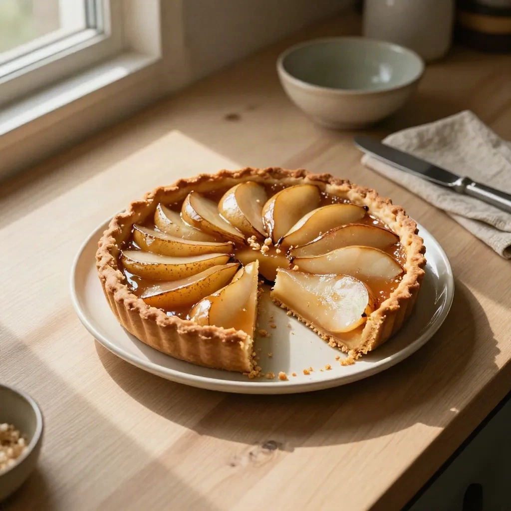 Tarte aux poires caramélisées, part coupée, couteau et miettes sur assiette en céramique.