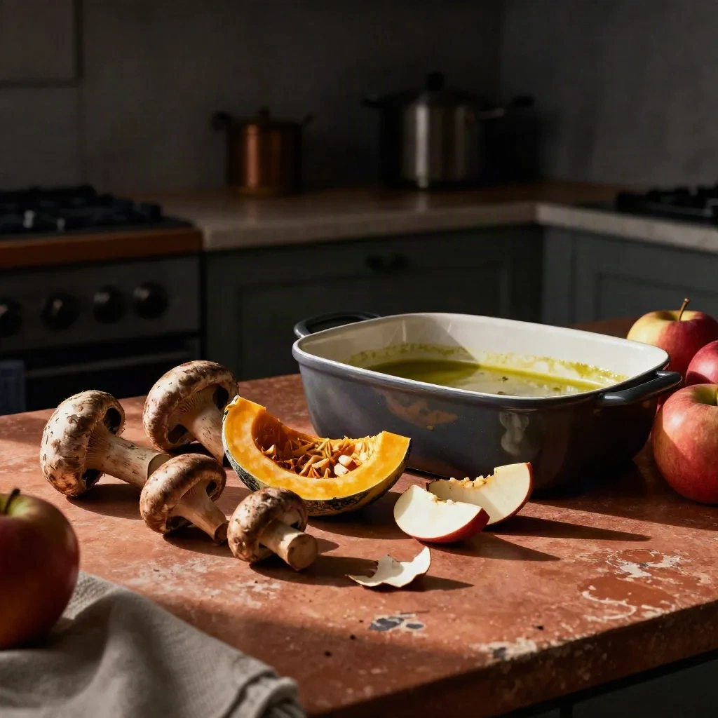 Champignons, courges et pommes sur un plan de travail sombre, lumière rasante cinématographique.
