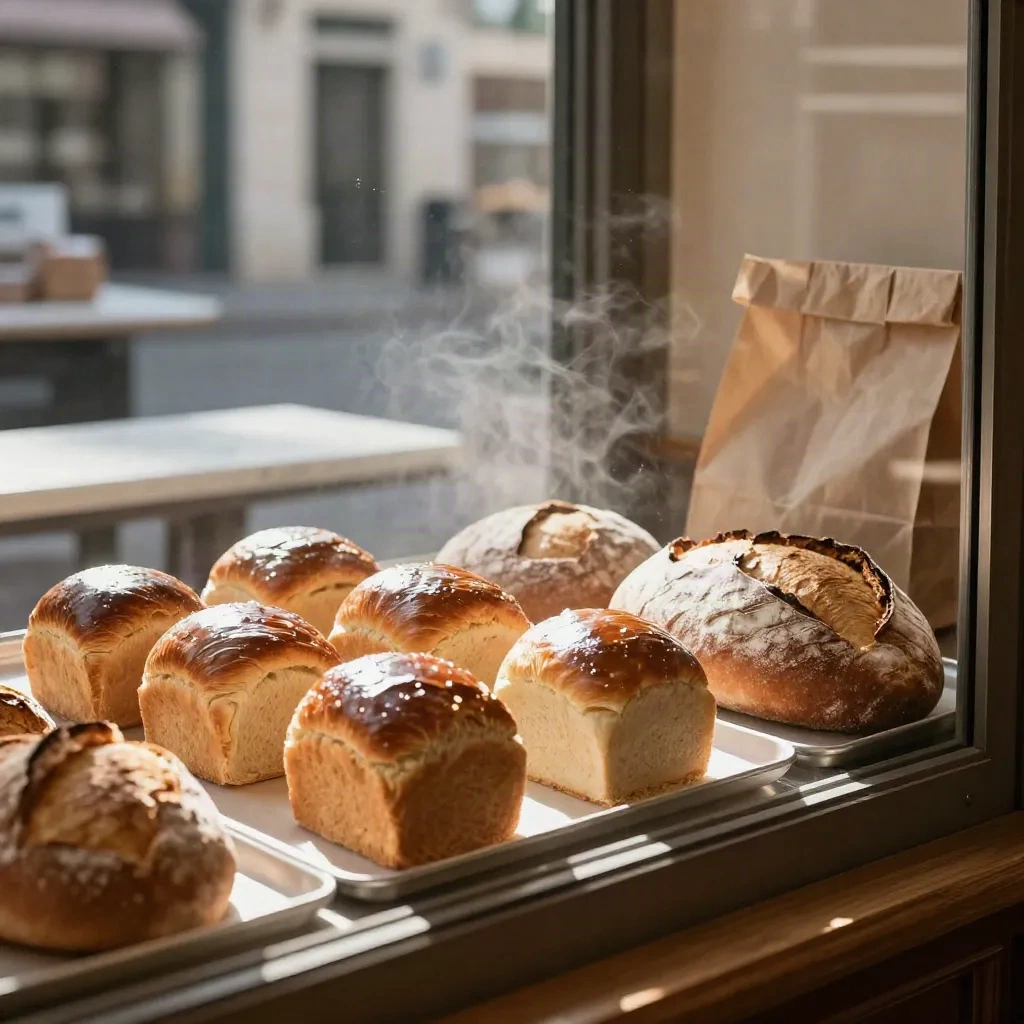 Vitrine de boulangerie lyonnaise avec brioche, pain de campagne et sac en papier.
