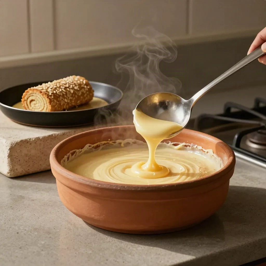 Pâte à crêpes en terracotta, poêle beurrée et première crêpe qui se décolle, vapeur légère.