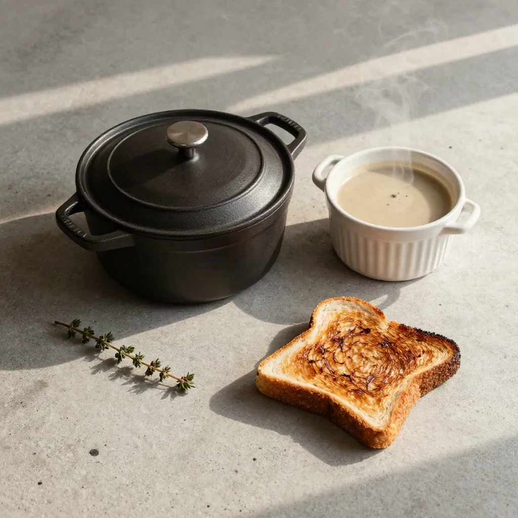 Petite cocotte en fonte, soupe, pain grillé et herbe sur béton clair, vue du dessus.