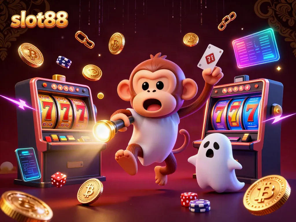 Spin to win with slot88, a playful scene featuring a poltergeist monkey and ghost-hunter puppy in a vibrant casino.