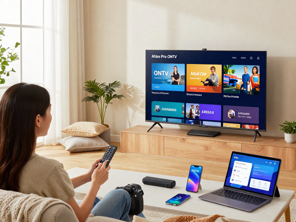 Utilisation d'Atlas Pro iOS sur une Smart TV dans un salon moderne.