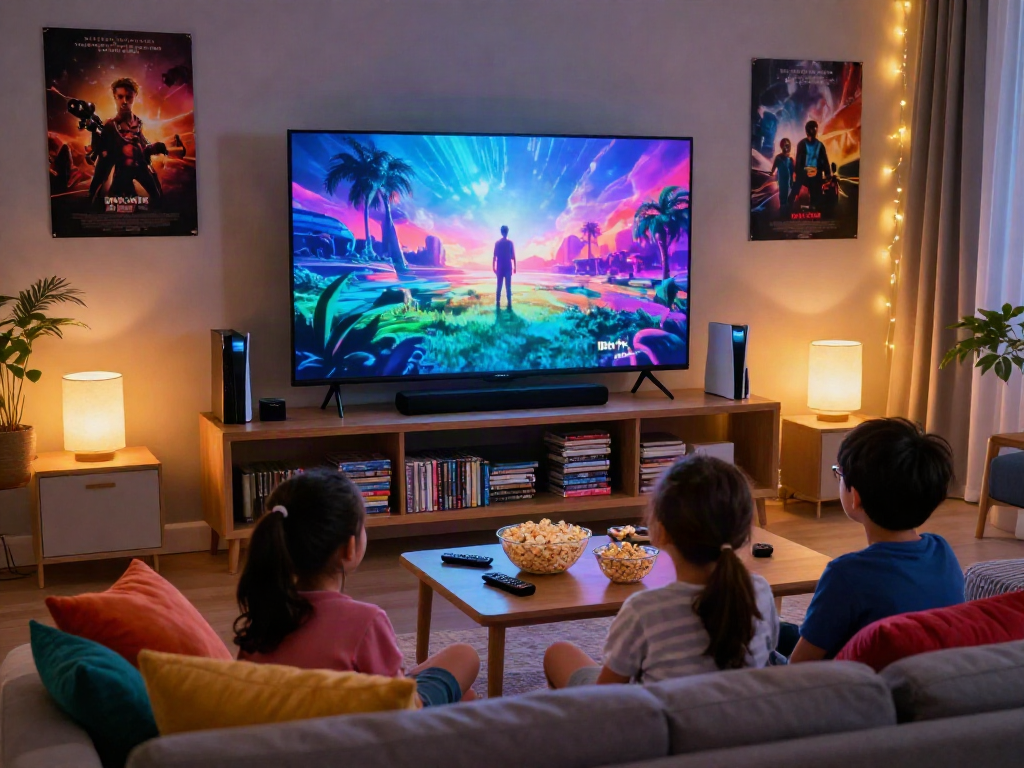 Family enjoying movie night with Iron tv pro, cozy living room, vibrant atmosphere.