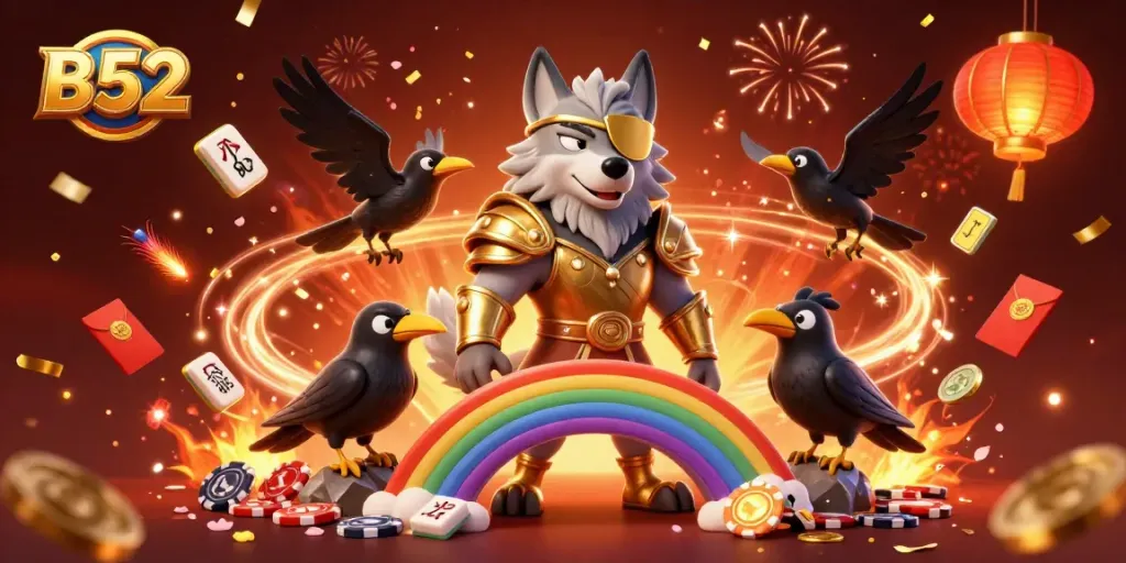 B52 themed casino scene with an Odin wolf and ravens amidst vibrant gaming elements and fireworks